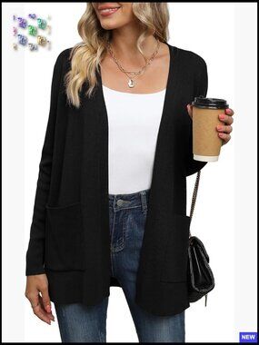 Lightweight Viscose Cardigan Open Front Long Sleeve Pockets Casual Chic